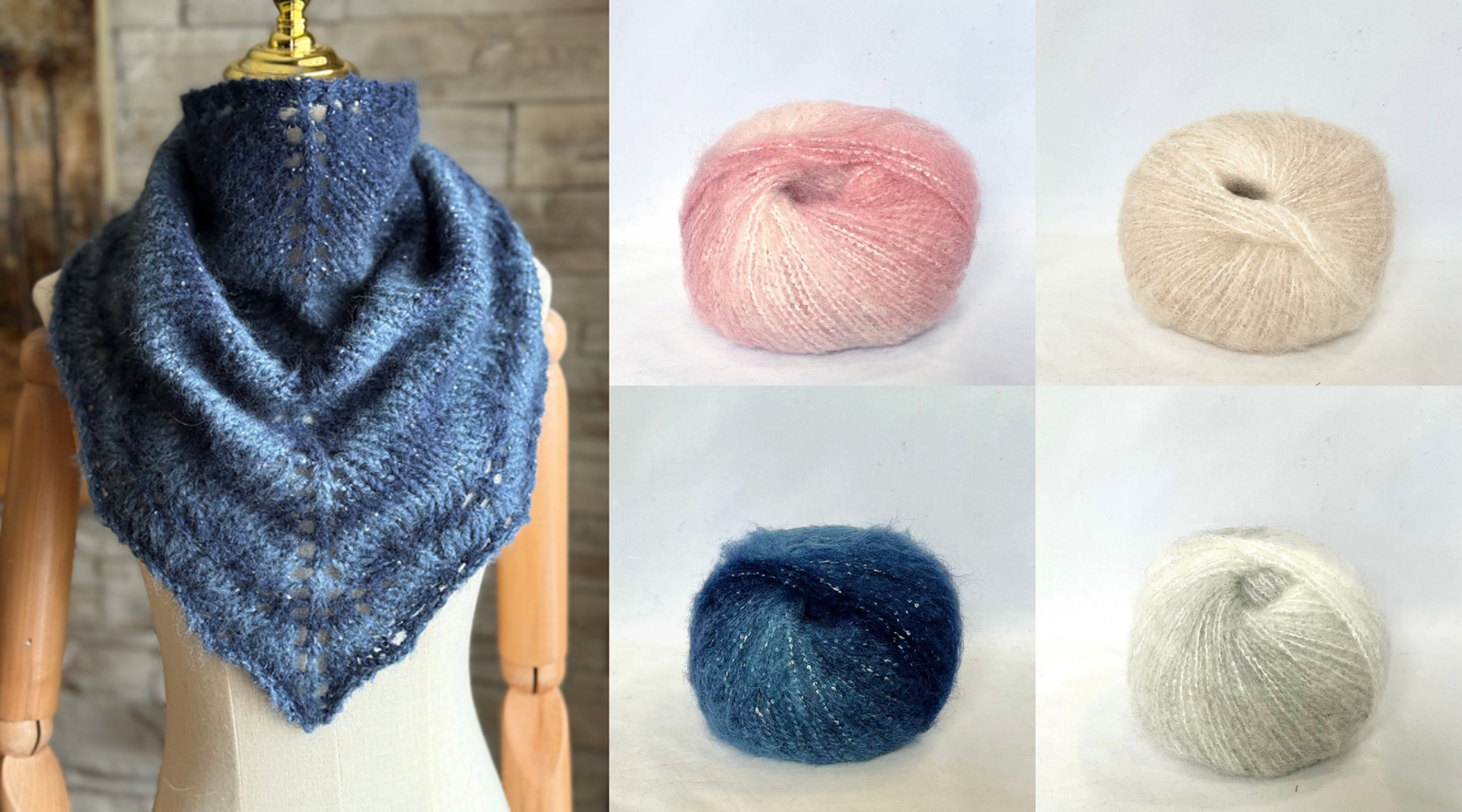 a blue shawlette and four skeins of yarn
