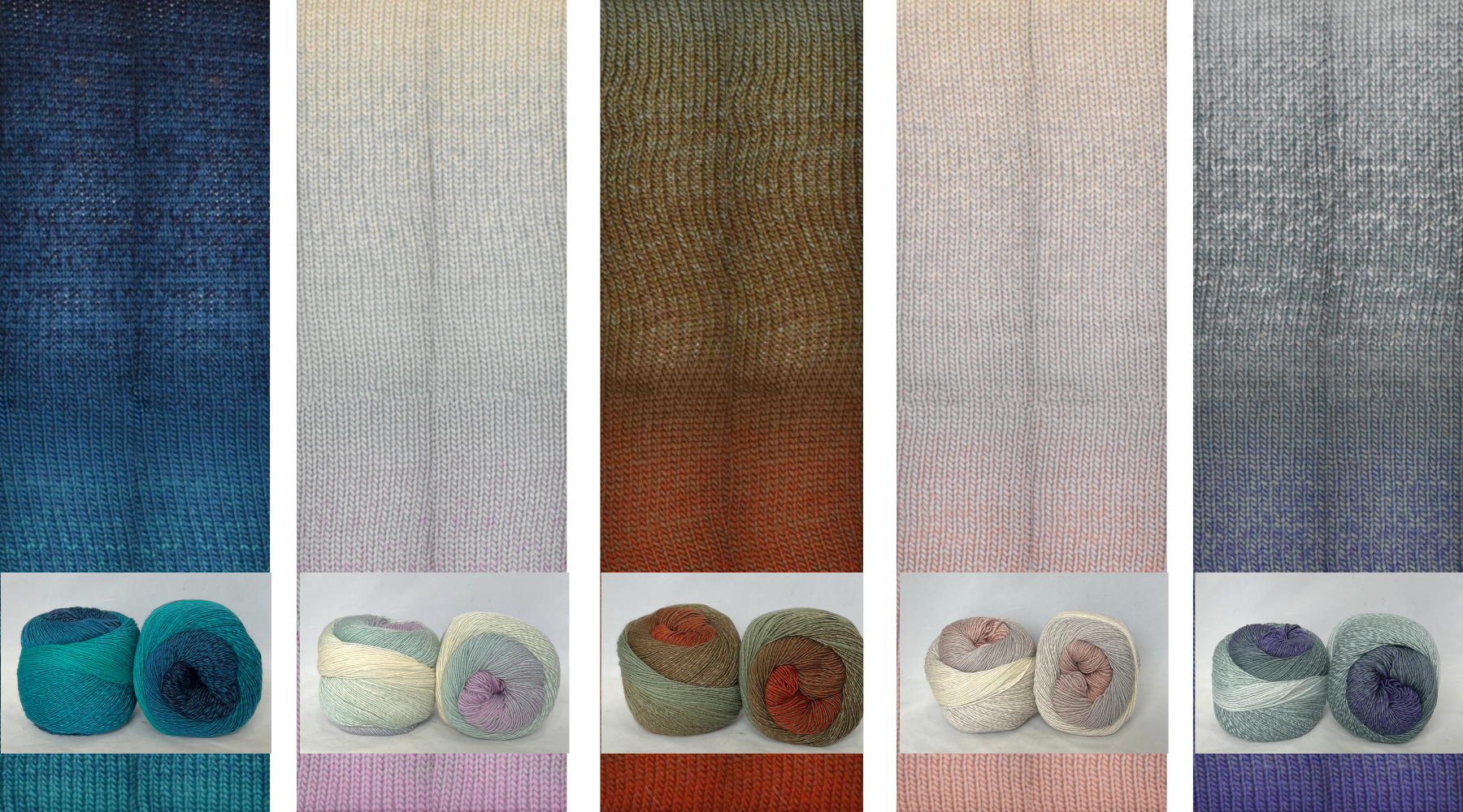 five colors of Poema cashmere from navy-teal, lavender-cream. rust-olive, peach-gray, navy-mint
