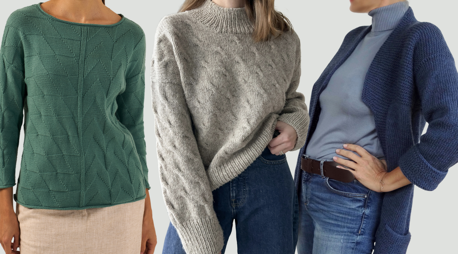 Three different wearable sweaters that are simple and not fussy