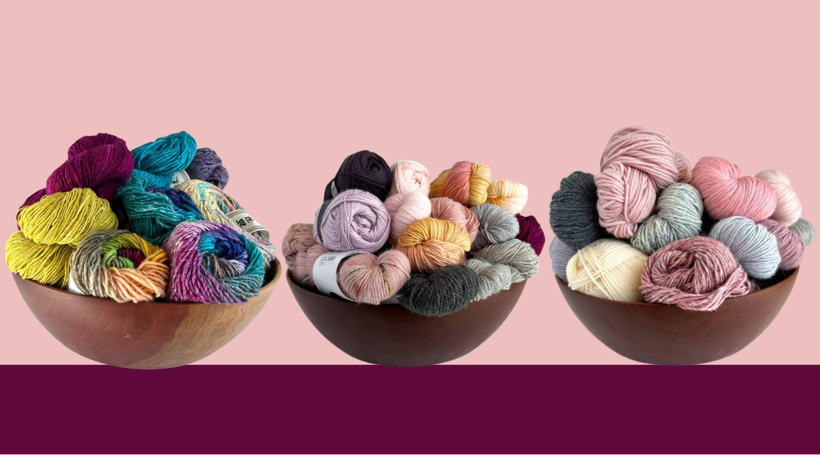 Three wooden bowls filled with yarn 