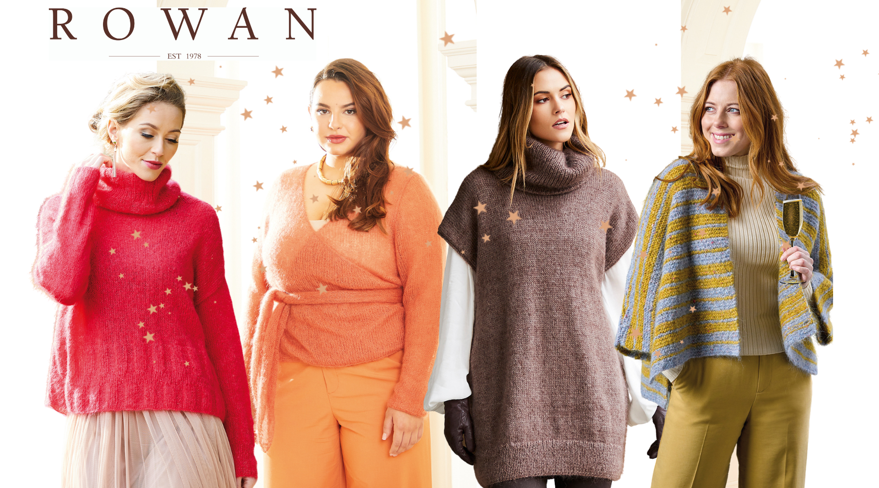 4 models wearing knit garments.  Red pullover designed by georgia farrell in kidsilk haze, orange wrap sweater in kidsilk haze, taupe tunic vest in Kid Classic and striped cardigan in Tweed Haze