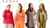 4 models wearing knit garments.  Red pullover designed by georgia farrell in kidsilk haze, orange wrap sweater in kidsilk haze, taupe tunic vest in Kid Classic and striped cardigan in Tweed Haze