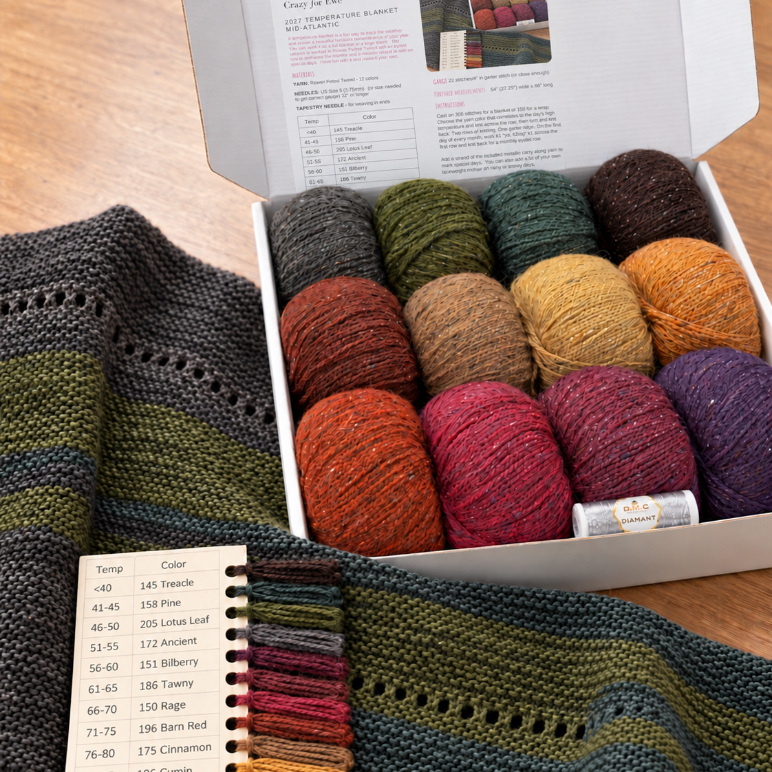 2027 temperature blanket starter kit with twelve Rowan Felted Tweed colors, silver DMC Diamant floss, yarn palette card and knitted blanket