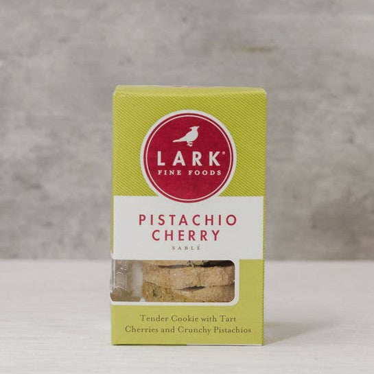 Lark Fine Foods Pistachio Cherry cookie box on a gray background
