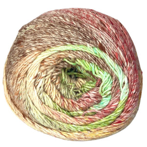 noro akari 29 gifu green acid yellow rust, tan taupe cream self striping yarn cotton silk